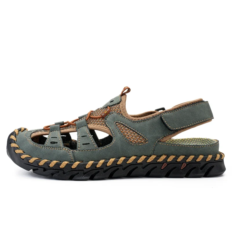 Fashionable Men's Breathable Mesh Leather Sandals Closed Toe Outdoor Beach Shoes Comfortable
