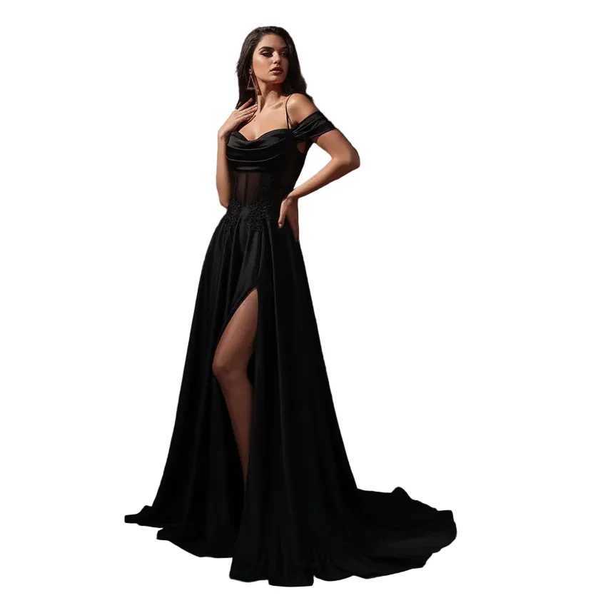 Refined Women's Off-Shoulder Corset Satin Evening Dress – Sheer Lace Bustier High-Slit Gown Genuine