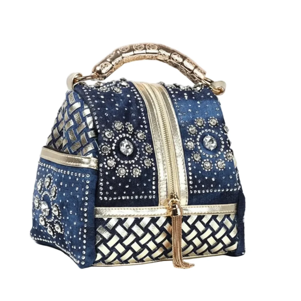 Solid Denim Shoulder Bag with Diamond Tassels 7.9x5.9x5.9in Expertly Made