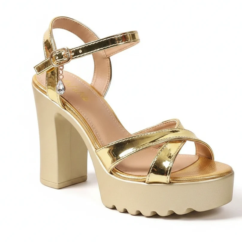 Unique Women's Square Heel Gladiator Pumps Diamond Buckle Platform Sandals Responsible
