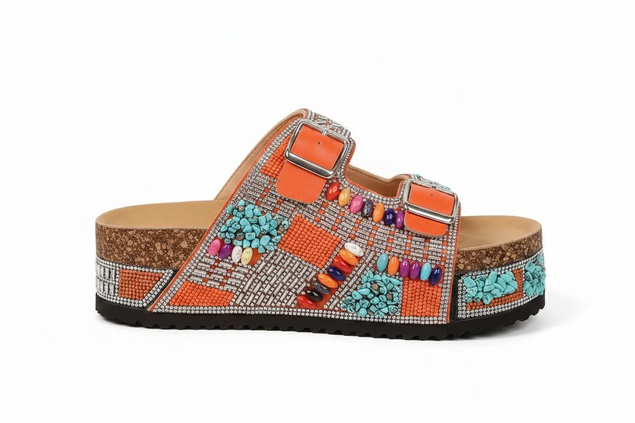 Next-Generation Women's Rhinestone Beaded Platform Wedge Sandals Buckle Strap Slides Carefully Designed