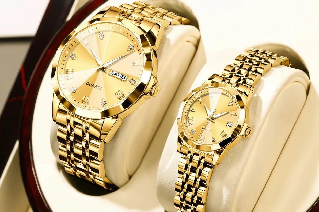 Functional OLE 9931 Quartz Couple Watch Roman Numeral Stainless Steel 27mm Professional