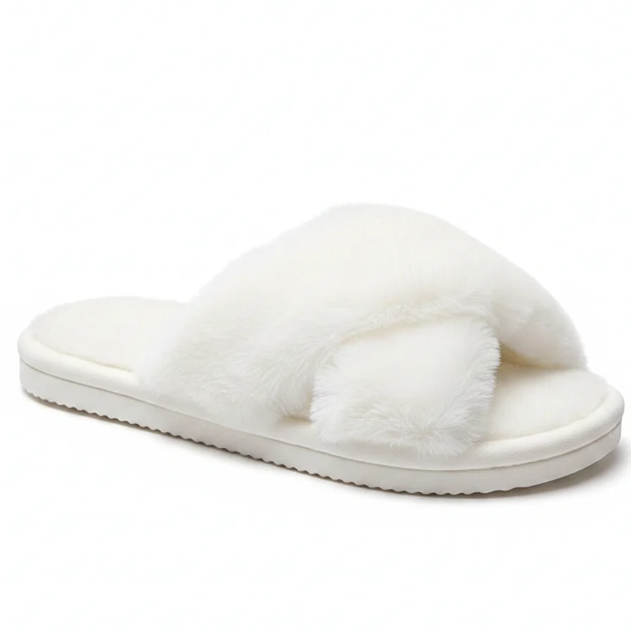 Selected Women's Open-Toe Cross Strap Fluffy Fur Slippers Lightweight Flat Slides Genuine