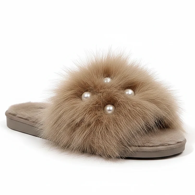 Relaxed Women's Faux Fur Pearl Slippers Open Toe Plush Home Slides Convenient
