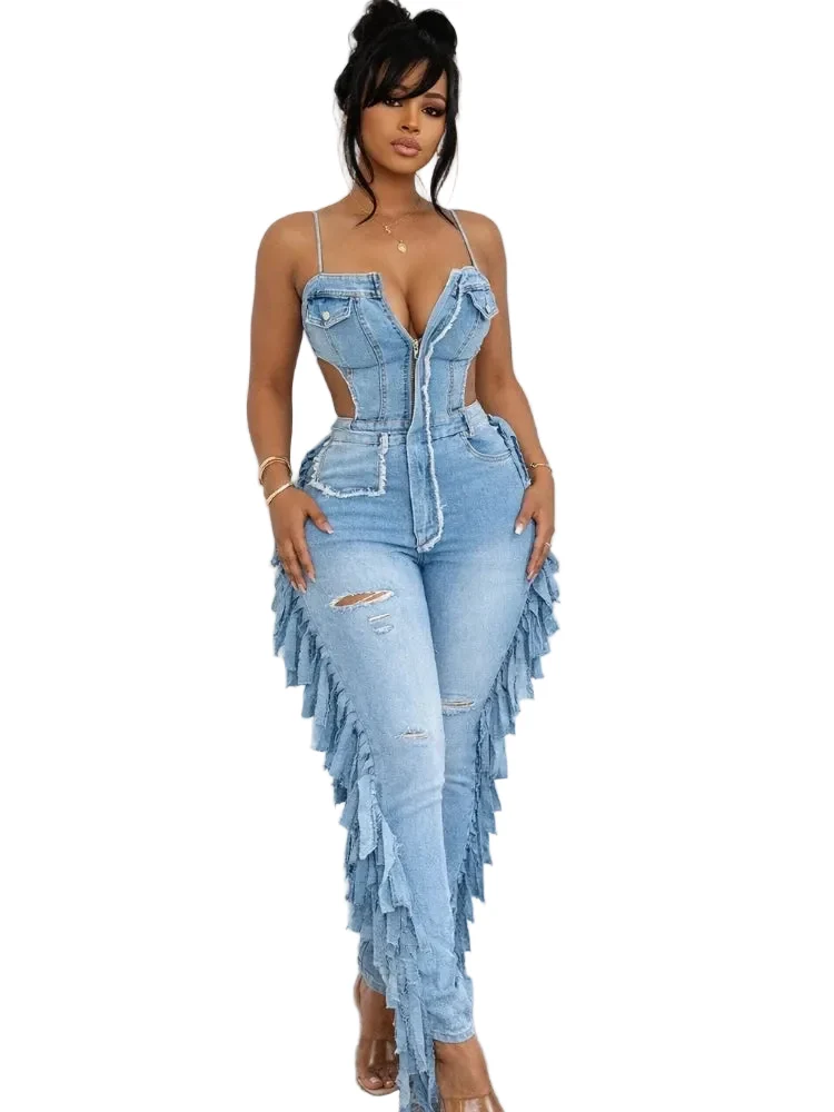High-Performance Women's Sleeveless Denim Jumpsuit Backless Tassel Strap Playsuit Blue World-Class
