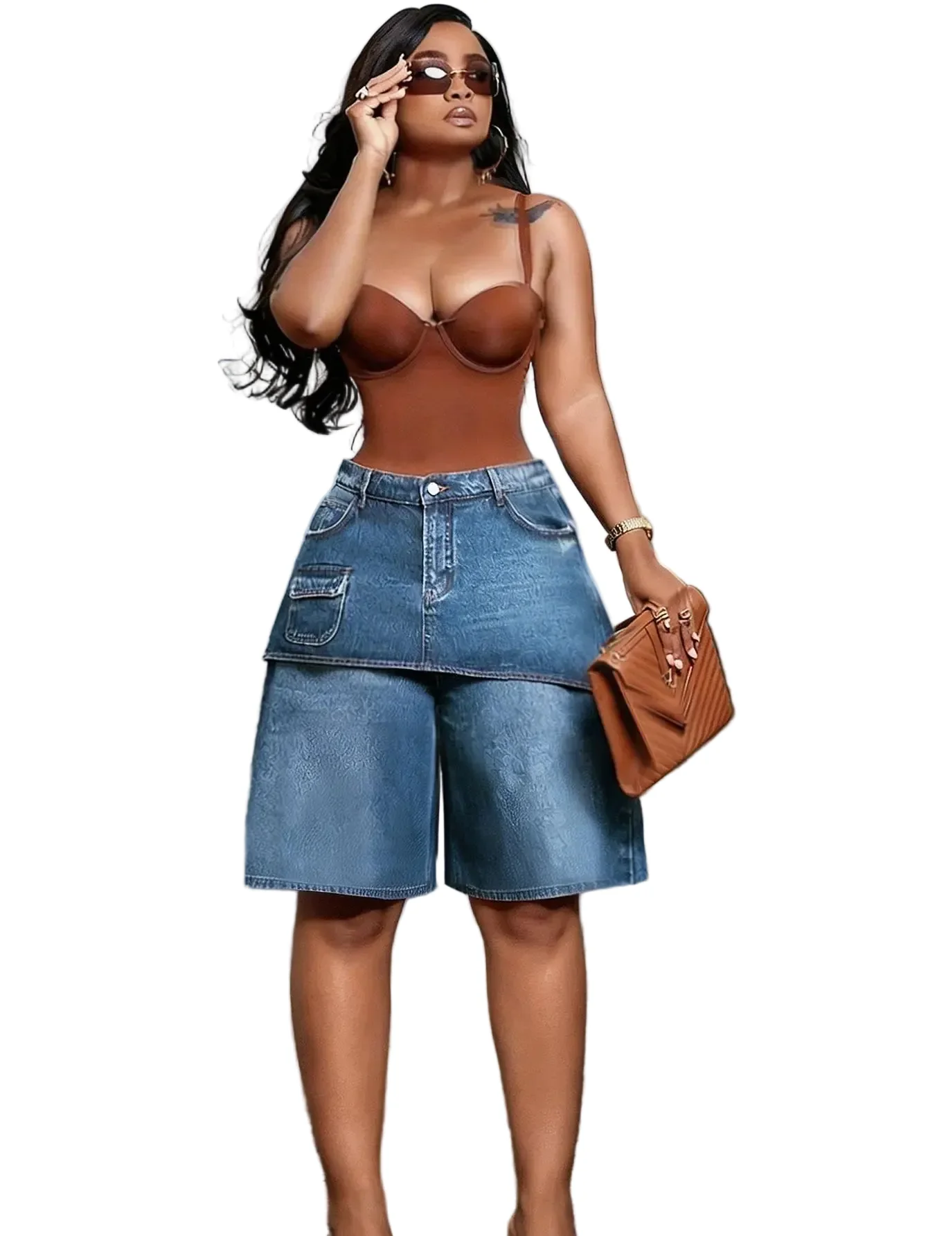 Soft Women's High-Waisted Denim Cargo Shorts Vintage Streetwear Blue Relaxed