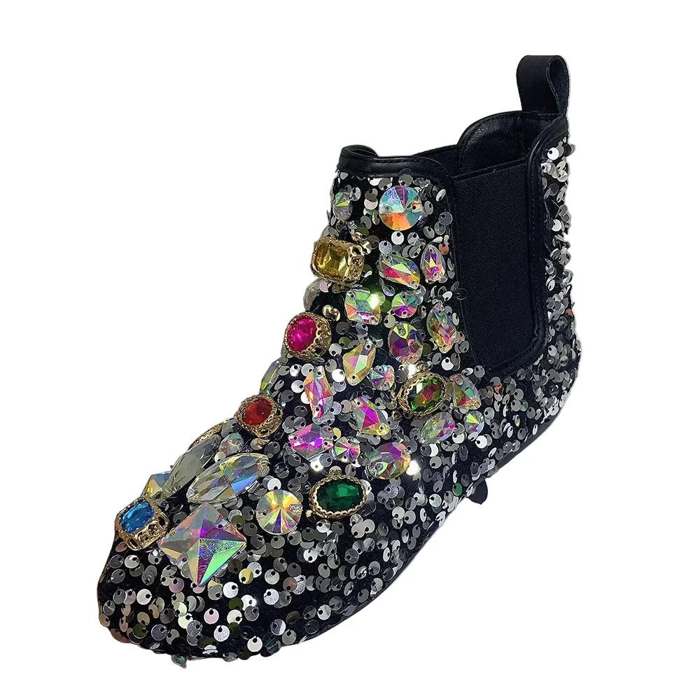Elegant Women's Rhinestone Flat Ankle Boots Plush Winter Snow Shoes Advanced