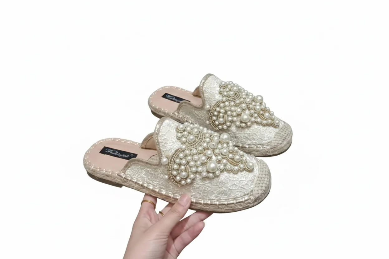 User-Friendly Women's String Bead Half Slippers Pearl Hemp Cotton Fabric Lace Slides Fashionable