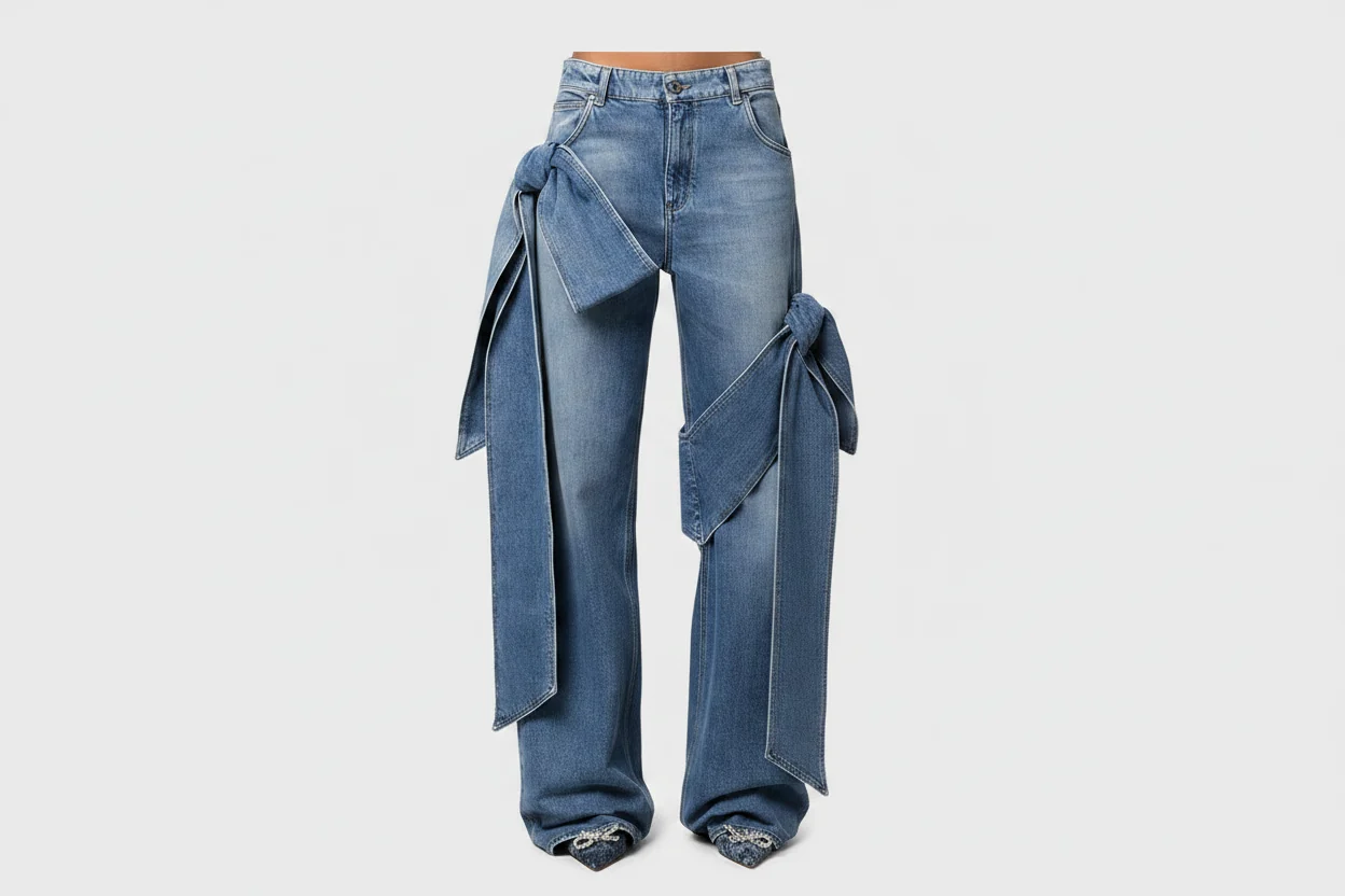 Efficient High-Waisted Patchwork Lace-Up Jeans Straight Leg Blue Crafted