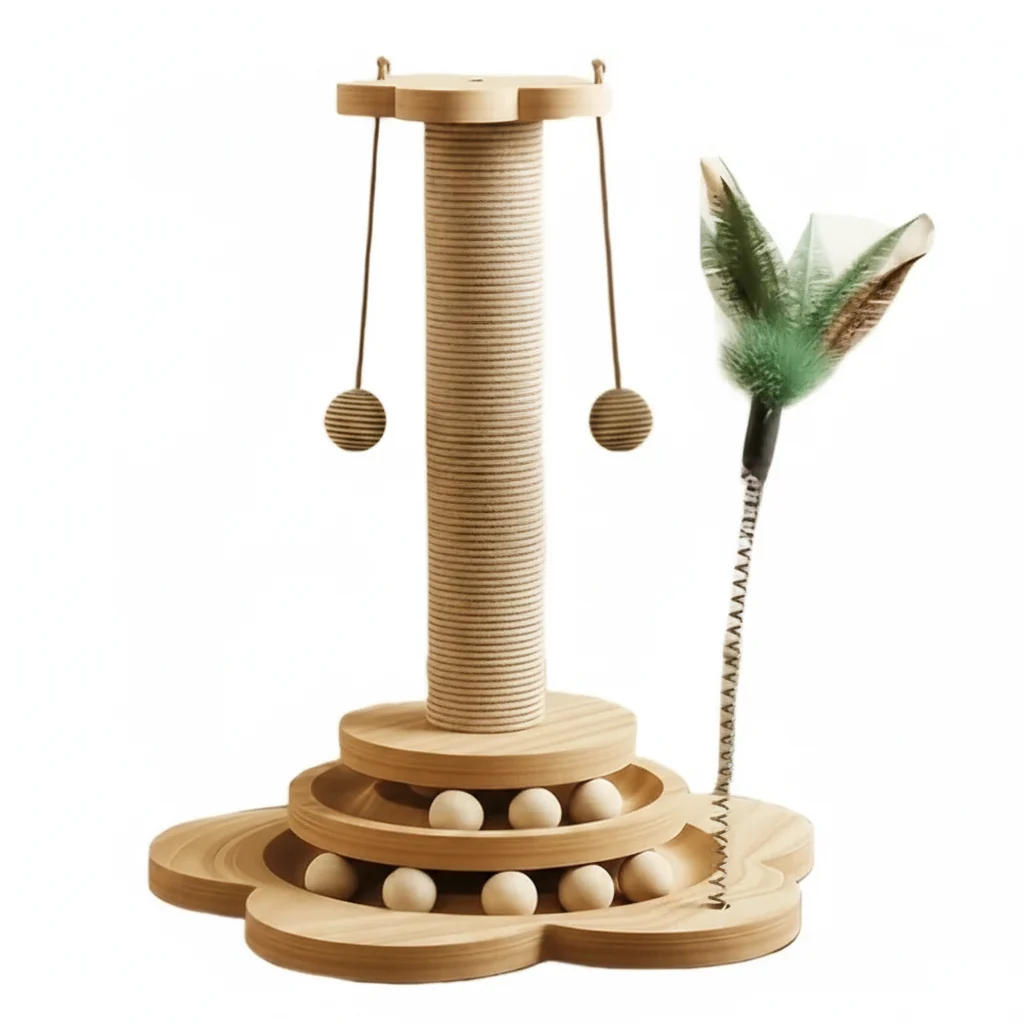 Enhanced Wooden Rotating Cat Scratch Board with Non-Shedding Fiber Chew Toy and Stand Eco-Friendly