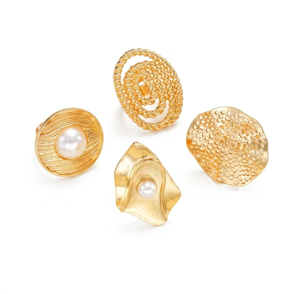 Artisan Women's Fashion Elegant Flower Pearl Hollow Geometric Ring Jewelry Set Sophisticated