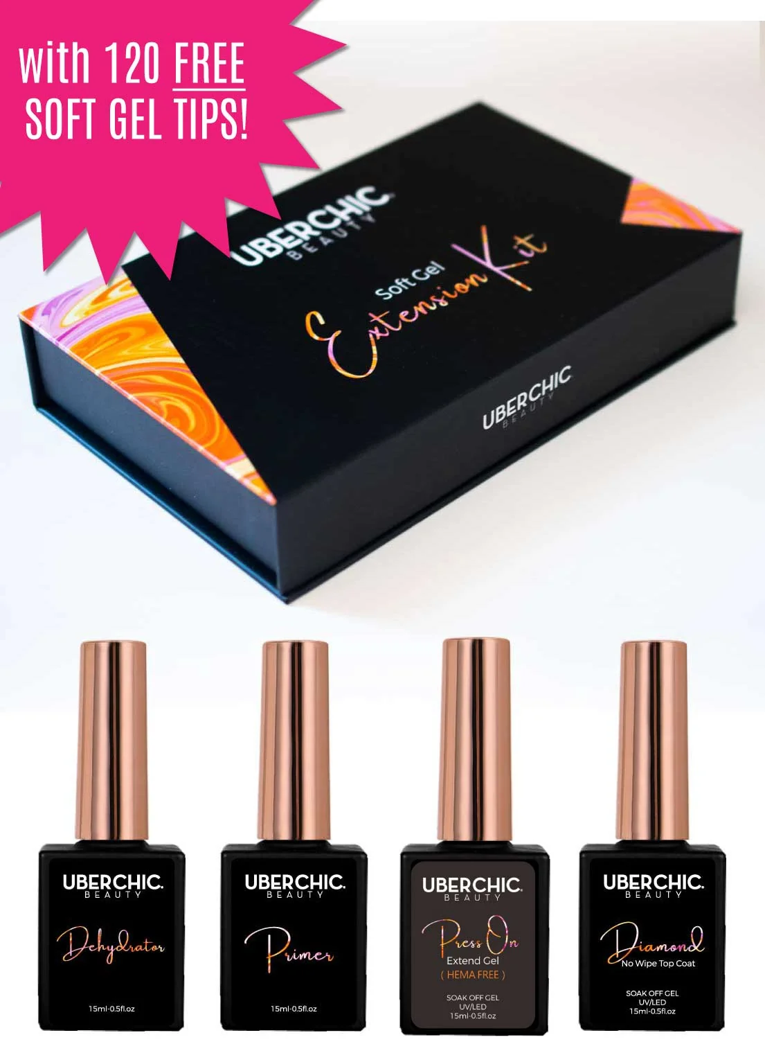 Natural HEMA- Soft Gel Kit 3-Step Soak Off Nail Extension System with Bonus Gel Top Coat Soft Gel Tips Contemporary