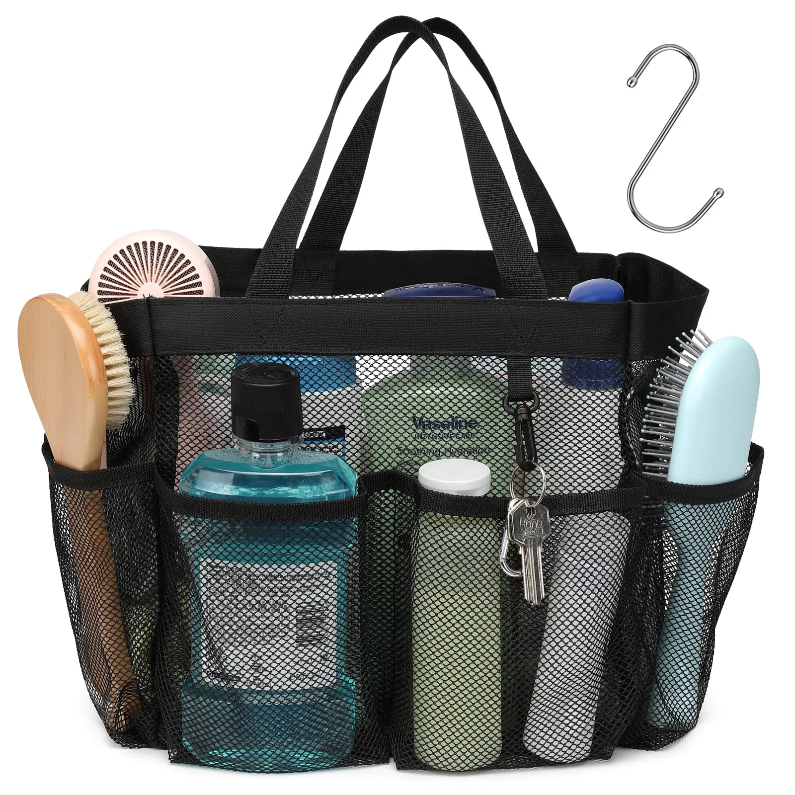 Prestigious F-color Mesh Shower Caddy – Portable 7-Pocket Quick Dry Tote with S Hook 2 Handles for Dorm Gym Bathroom Camp – Black Authentic