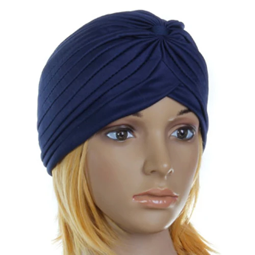 Excellent Maxbell Navy Blue Polyester Pleated Turban Head Wrap Headwrap Cap Twist Hat High-Quality