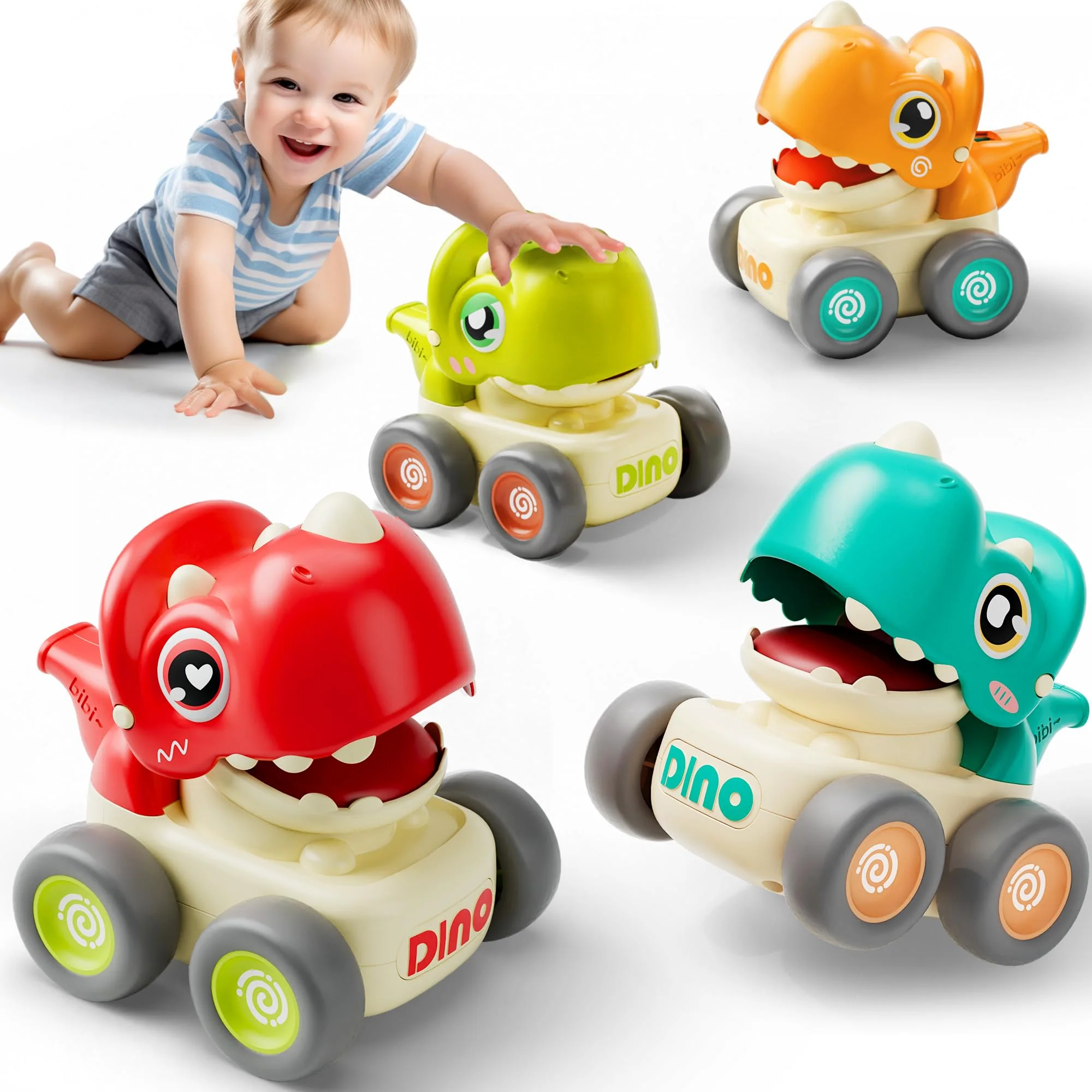 Official iPlay iLearn Dinosaur Press Go Car Toys – Baby Dino Racing Cars Push Whistle Vehicles for Toddlers 6–18M 1st Birthday Gift Boys 1–3 Green