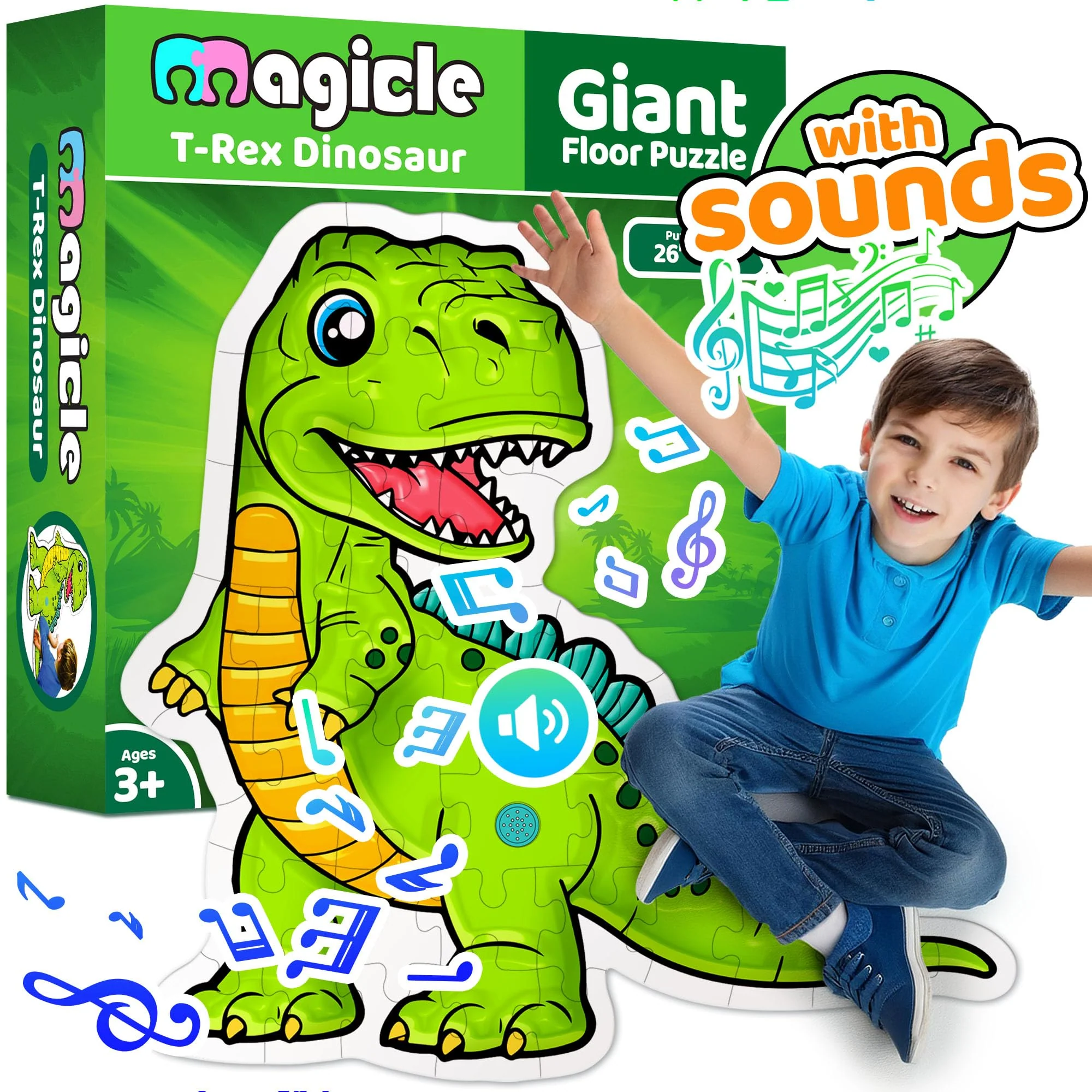 Refined Dinosaur Giant Floor Puzzle with Sounds – 35-Piece Extra Thick Puzzle Toy for Kids Ages 3–8 Educational Dinosaur Toy Gift Green