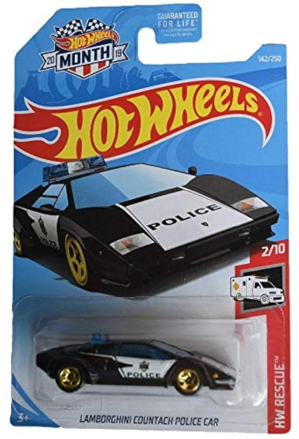 Functional Hot Wheels 2019 HW Rescue 2 10 Lamborghini Countach Police Car Black Walmart Exclusive Month Card Recyclable