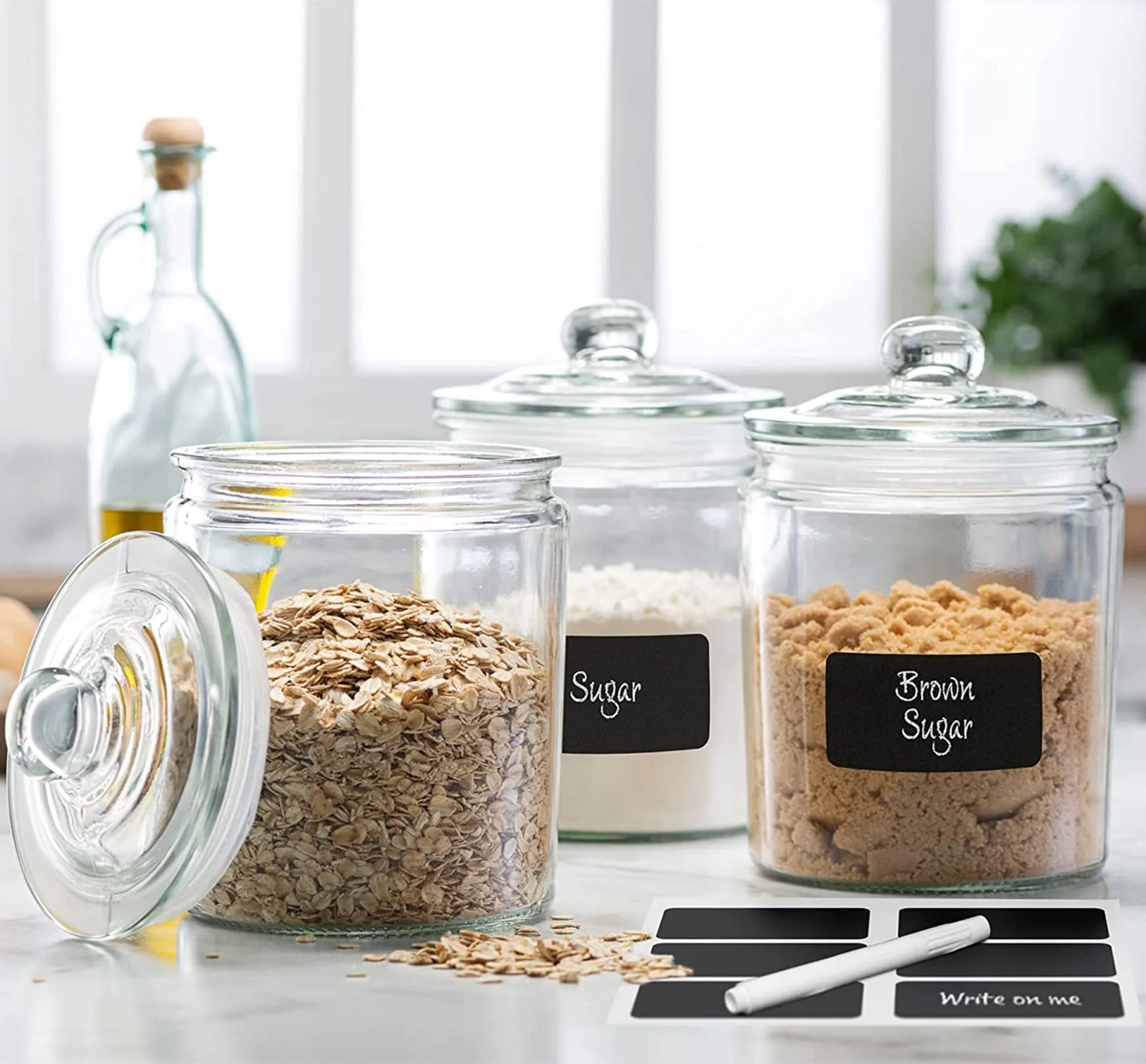Sustainable Le raze 3pc Canister Sets for Kitchen Counter Labels Marker - Glass Cookie Jars with Airtight Lids - Food Storage Containers with Lids Airtight… Stylish