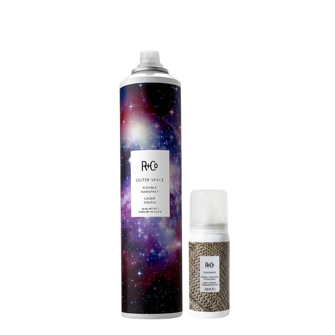User-Friendly R Co Outer Space Flexible Hairspray 9.5 Oz Chainmail Heat Protection Spray For Hair Travel Size .5 Oz Vegan Cruelty- Set of 2 Contemporary
