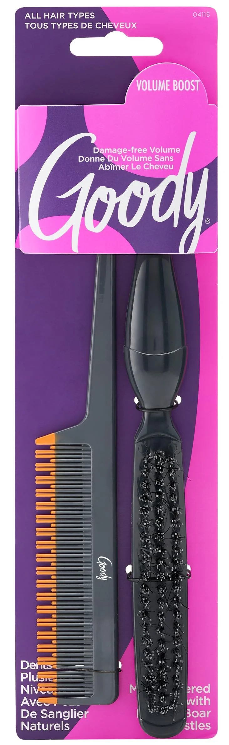 Genuine Goody Volume Boost Teasing Brush Comb Set Boar Bristle Damage- Root Lift Backcombing Tool for Volumizing Texture Works on All Hair Types Responsible