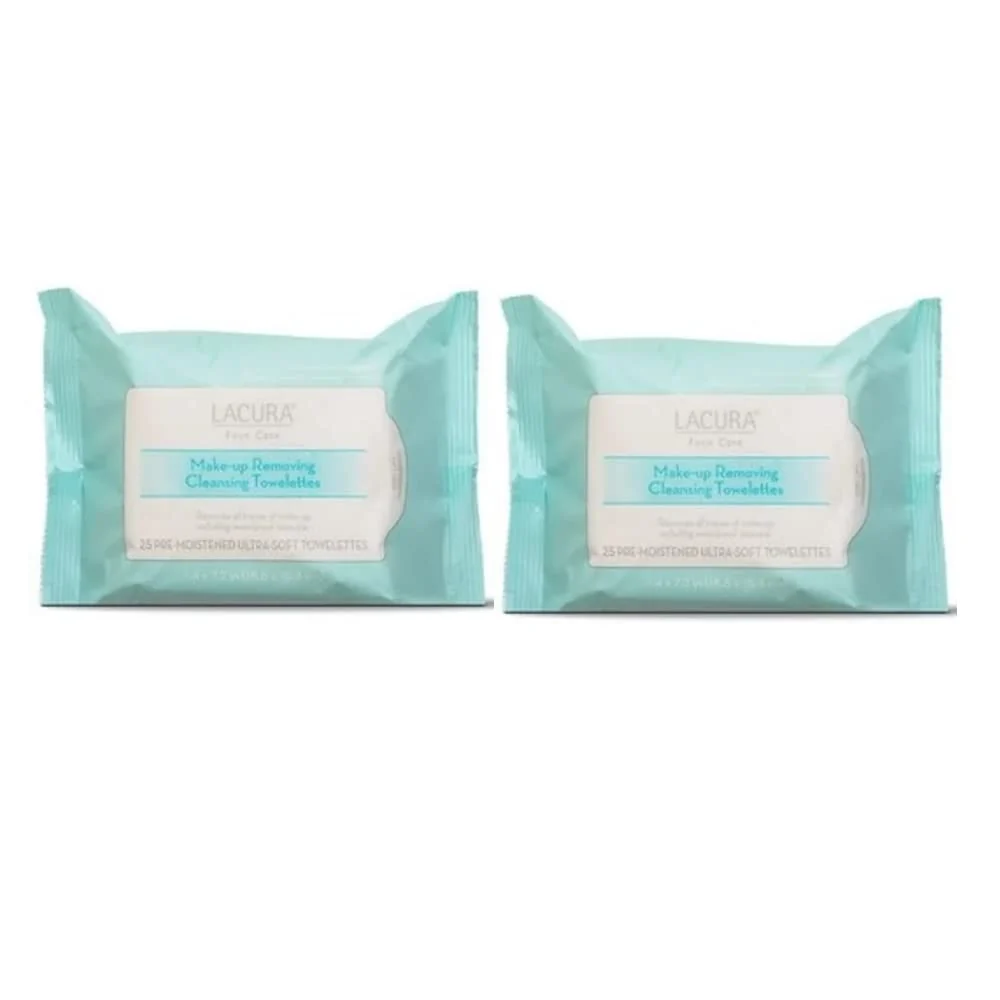 Specialty Lacura Face Care Make-Up Removing Cleansing Towelettes 7.4 x7.2in 18.8 x 18.3cm 25ct Two Bags Professional