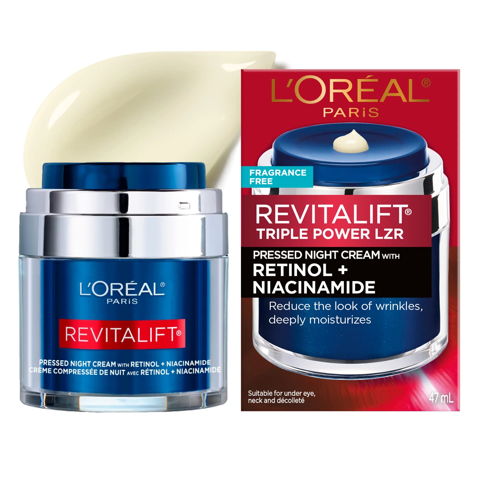 Soft L'O Paris Revitalift Pressed Night Cream with Retinol Niacinamide Visibly Reduce Wrinkles Hydrate for Face Under Eye Neck Chest Long-Lasting