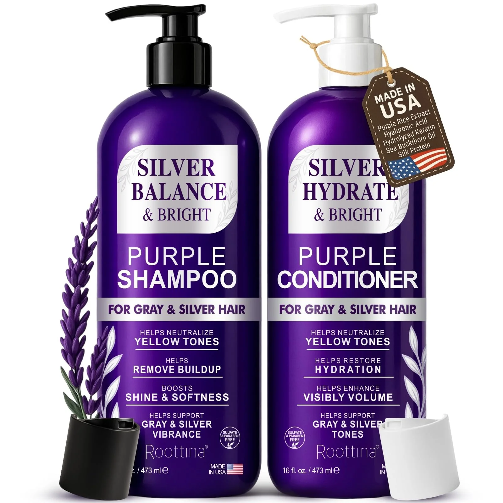 Classic ROOTTINA Sulfate Brass Toning Purple Shampoo and Conditioner Set for Grey and Silver Hair Moisturizing Color-Safe Enhances Shine Modern