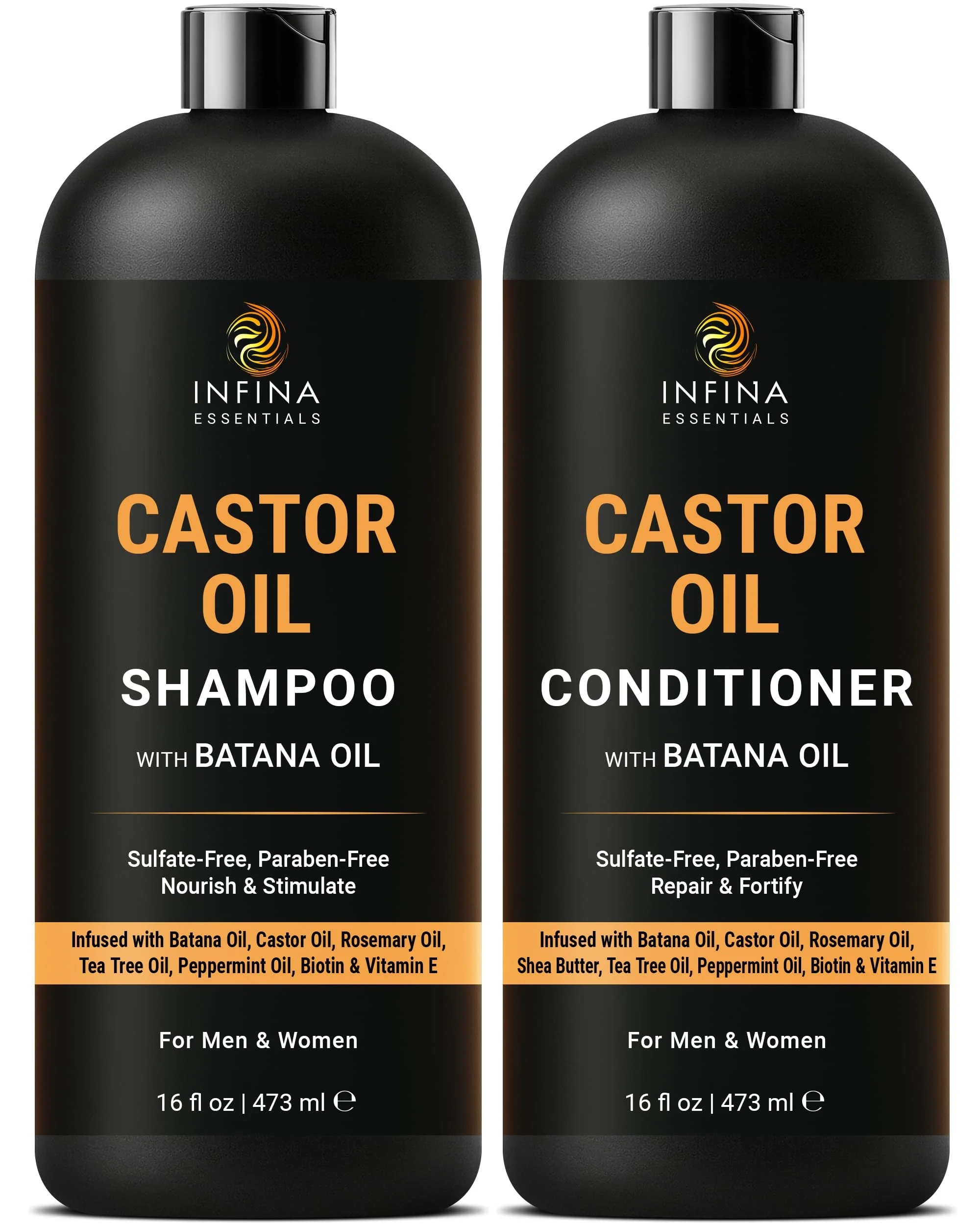 Green INFINA ESSENTIALS Castor Oil Shampoo and Conditioner Set 16 fl oz Each with Batana Oil Strengthening Thickening Hydrating Formula Supports Sustainable