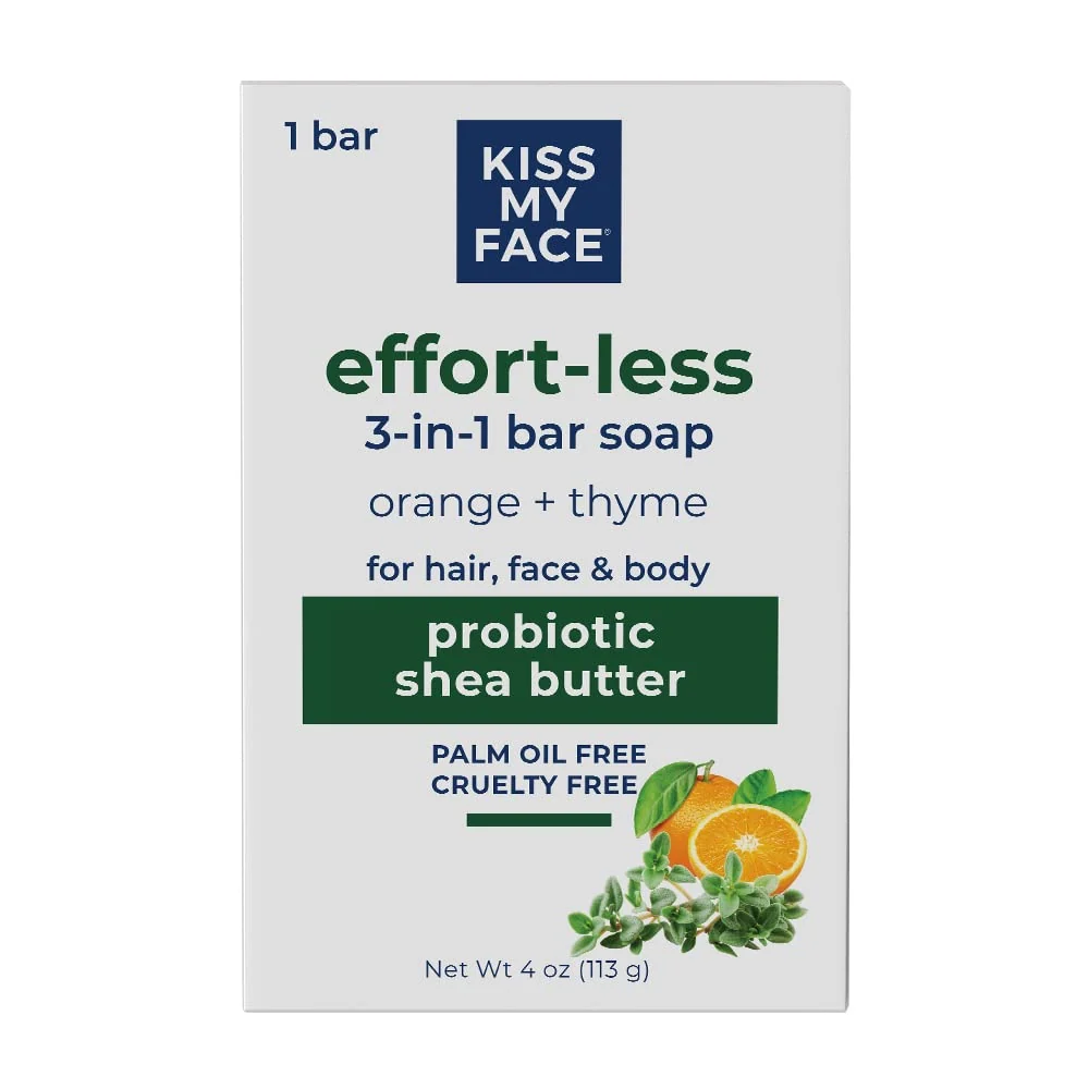Proven Kiss My Face Effort-Less 3-in-1 Bar Soap - Orange Thyme - Probiotic Bar Soap for Face Hair and Body with Shea Butter - Palm Oil- First-Class
