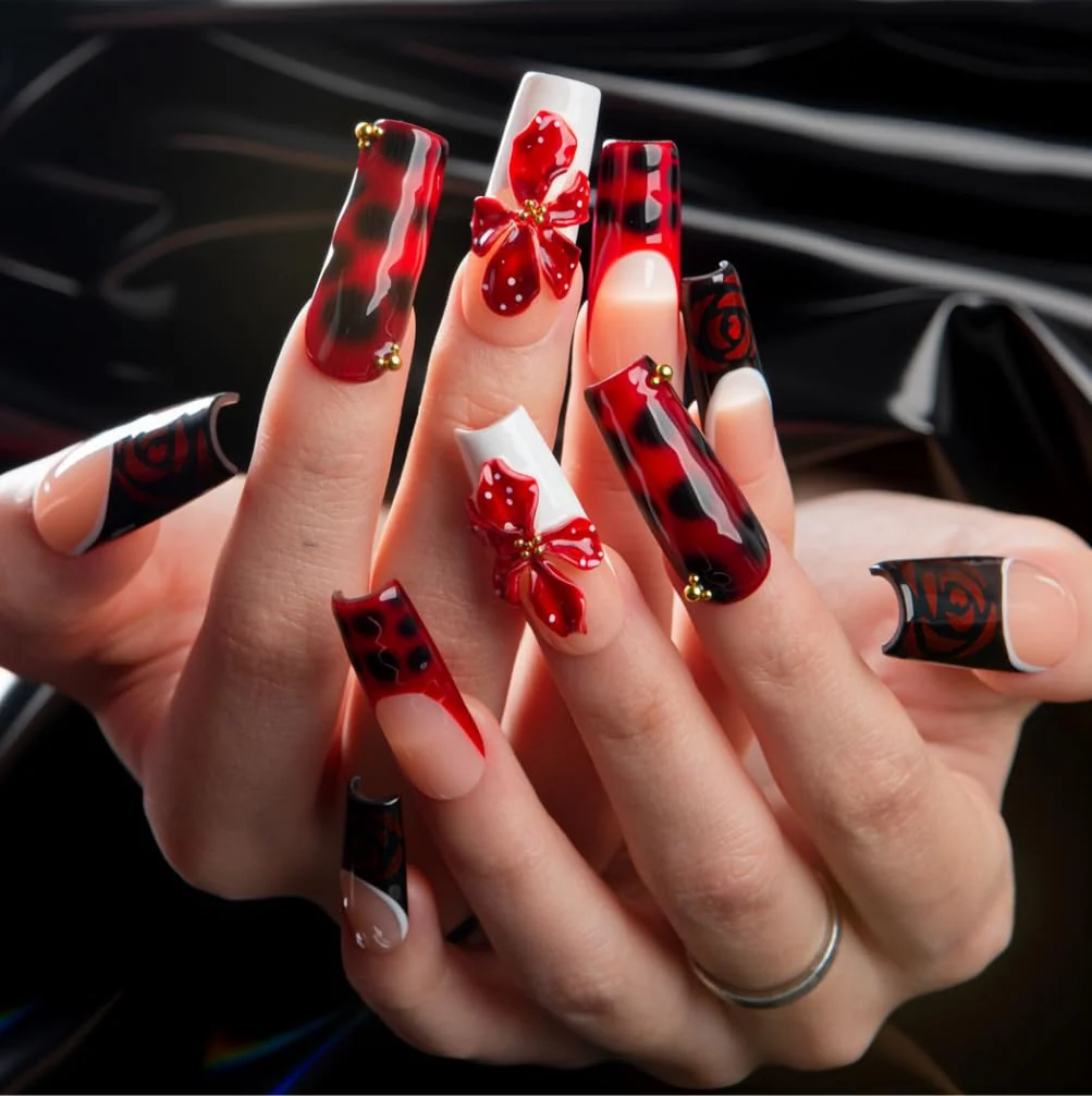 Official LOVFUL Reusable Press on Nails Salon Quality Sustainable Style Handmade with Full Covered Crystals Square Classic Regular 1.3 in Midnight Rose Comfortable
