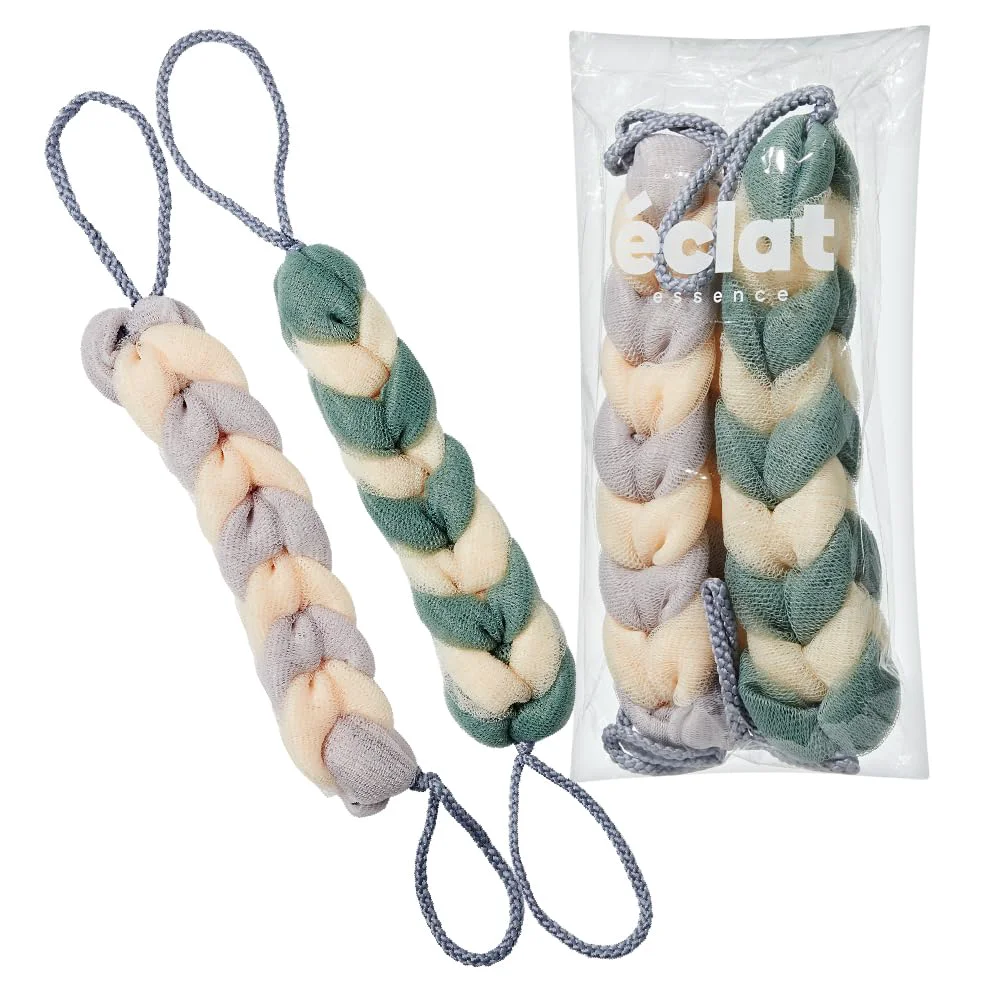 Certified Éclat Long Stretch Back Loofah Braided Mesh Shower Sponge with Rope Handles Exfoliating Body Scrubber Long Handle Bath Pouf for Deep Cleansing Eco-Friendly