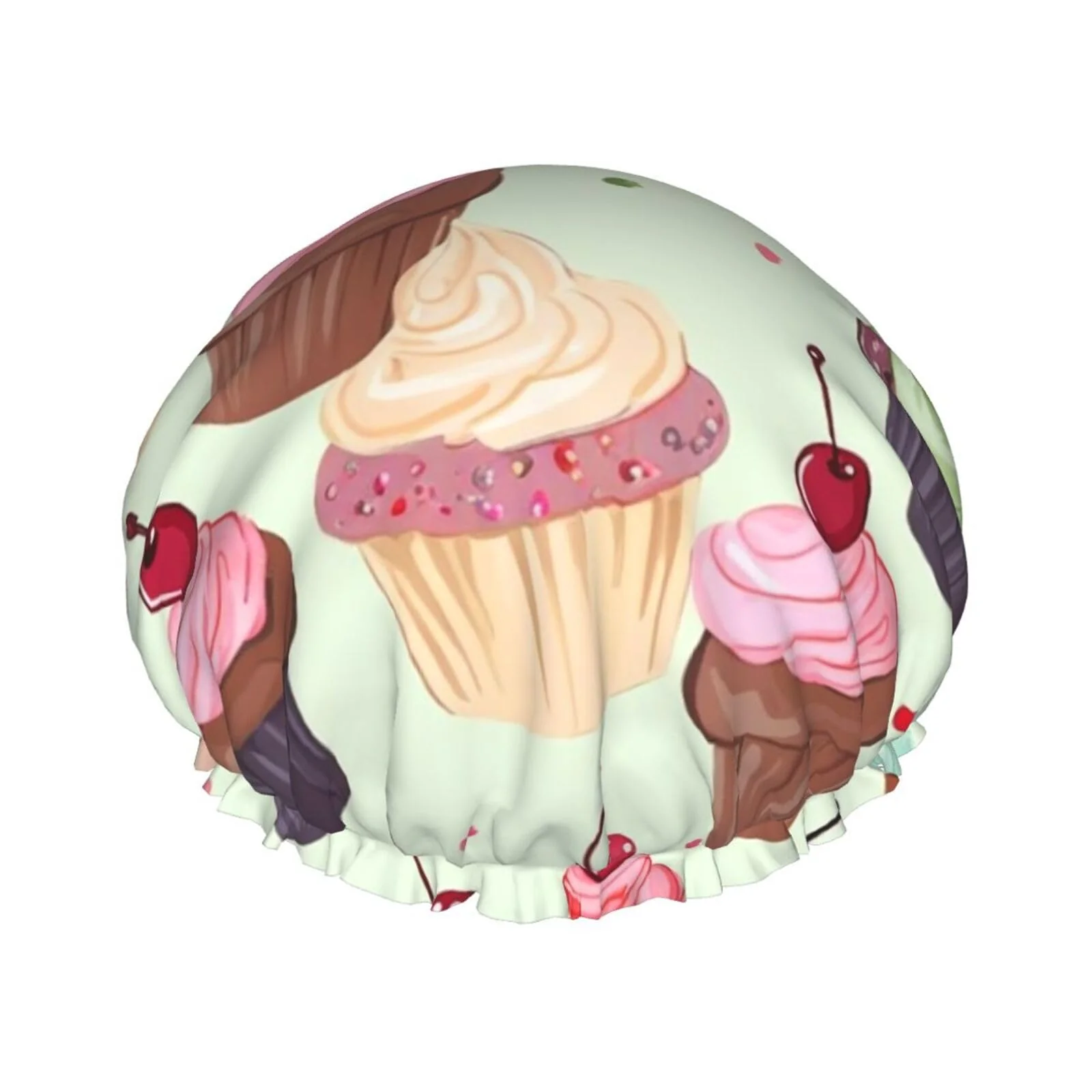 Healthy Cupcake Shower Cap for Women Men Large Reusable Shower Bonnet Double-Layer Waterproof Bath Caps Elastic Band Hair Hat for All Hairstyles Unique