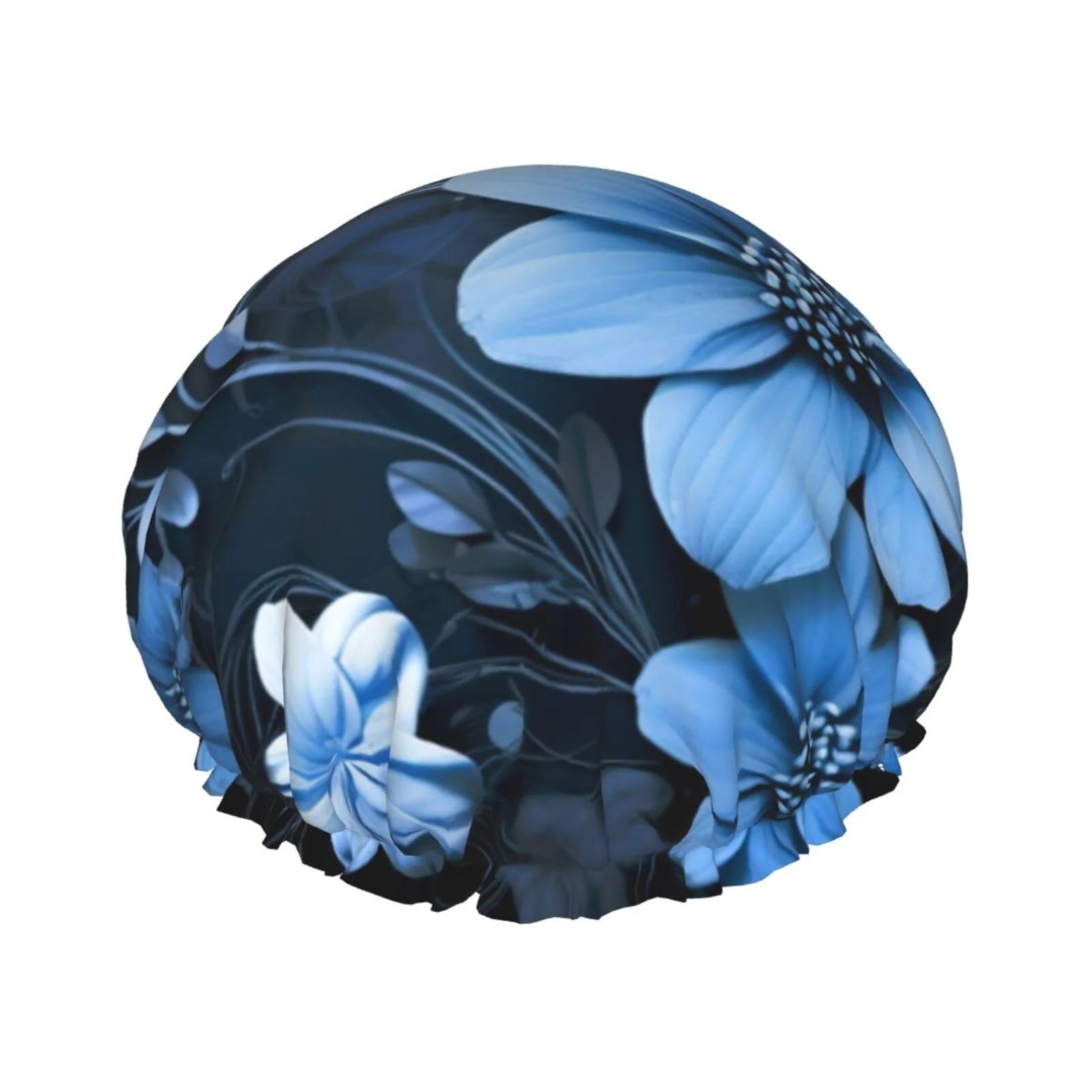 Responsible Blue Flowers Shower Cap for Women Men Large Reusable Shower Bonnet Double-Layer Waterproof Bath Caps Elastic Band Hair Hat for All Hairstyles Unique