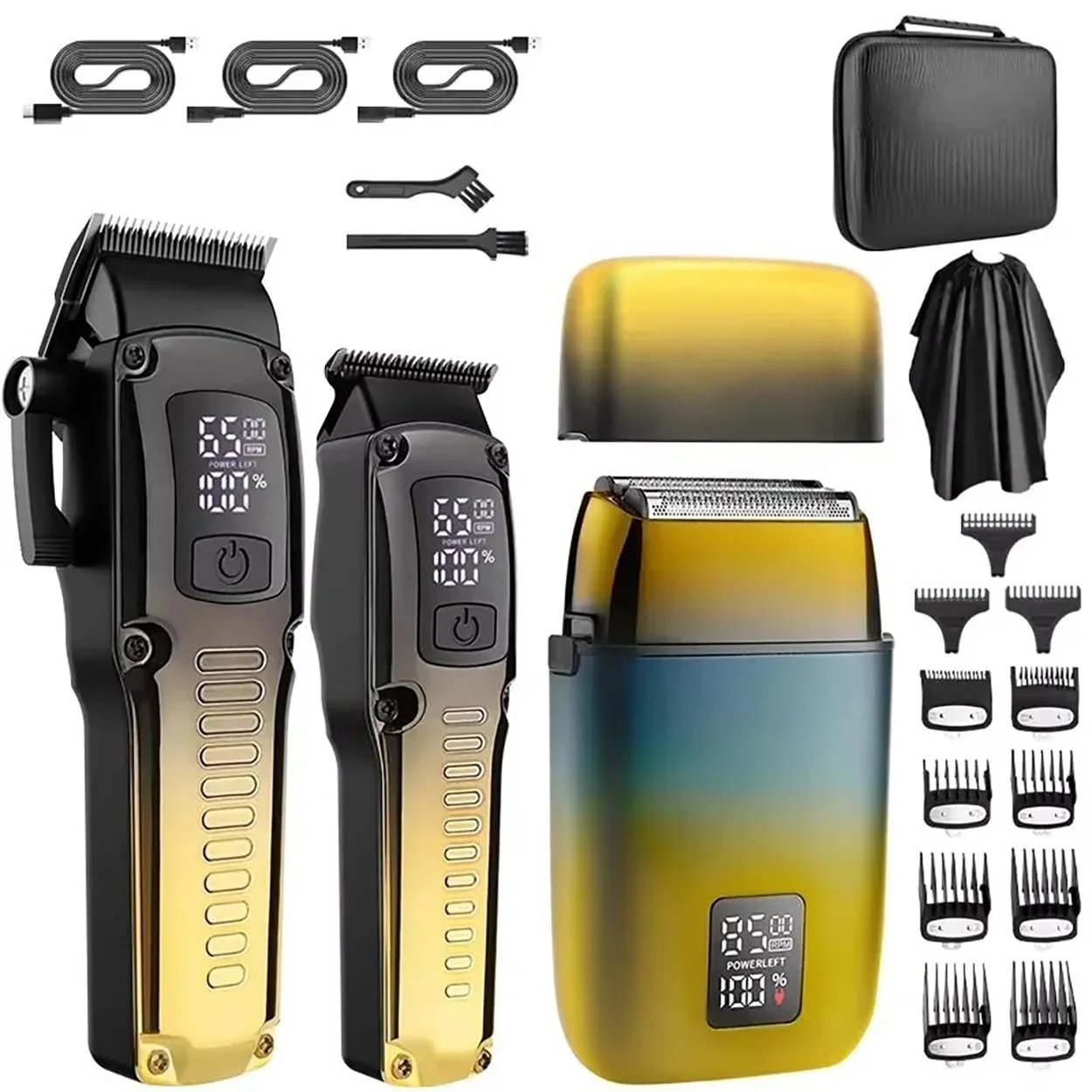High-Performance GLESVOWIO Mens Hair Clippers 3PCS Professional Men's Grooming Kit Clipper Trimmer Foil Shaver Set Barber Shop for Home Yellow Stylish