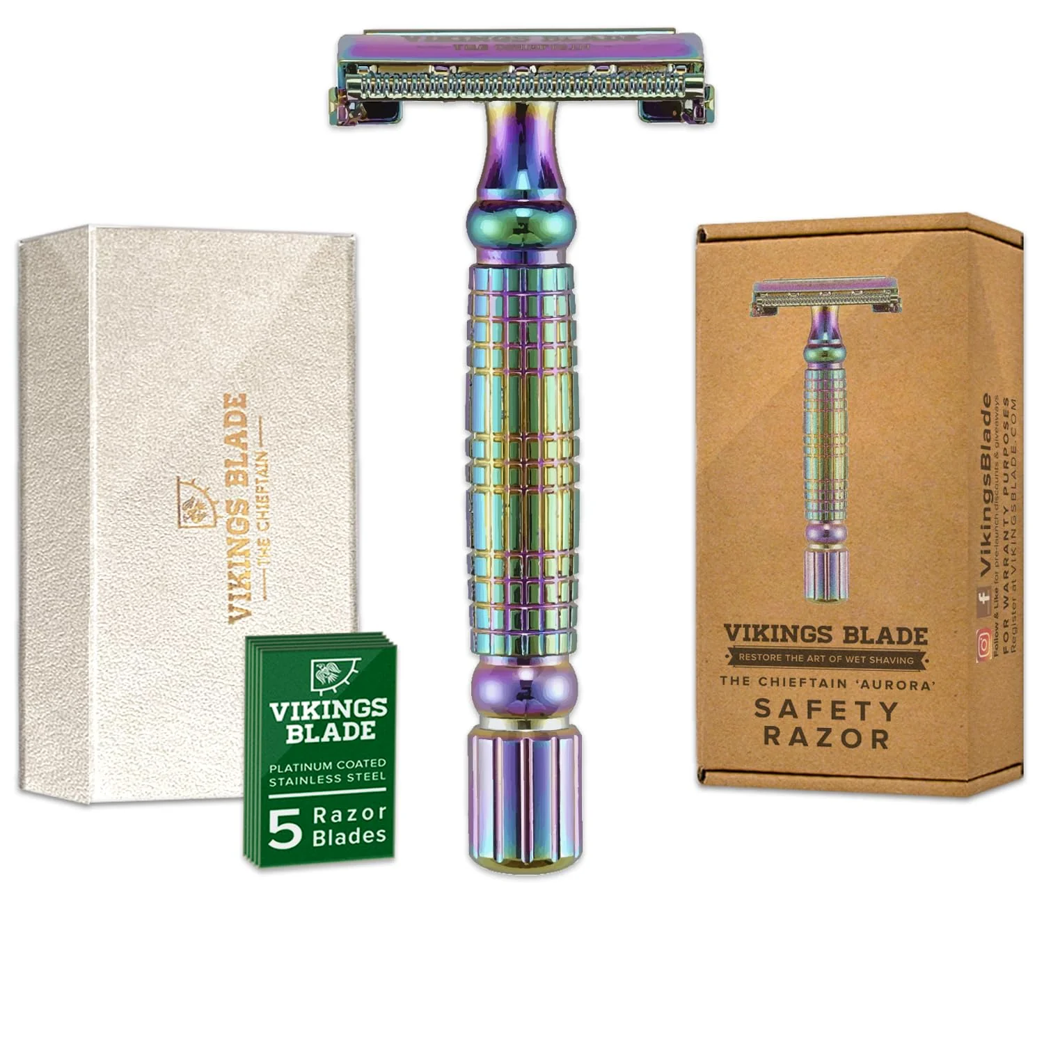 Natural VIKINGS BLADE Double Edge Safety Razor 5 Swedish Steel Blades Luxury Case. Smooth Reusable Recyclable Chieftain Aurora Eco-Friendly