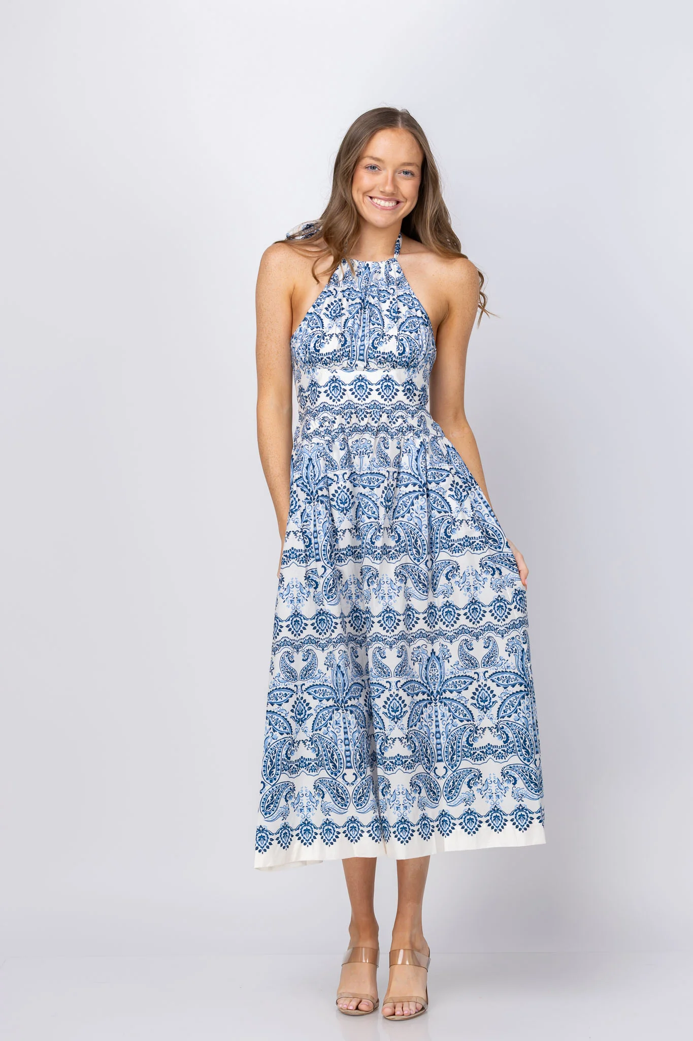 Detailed Cara Cara Denise Dress in Palm Paisley Sky Soft