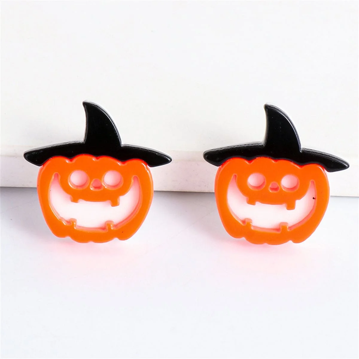 Excellent Orange Acrylic Silvertone Pumpkin Witch Stud Earrings Smooth