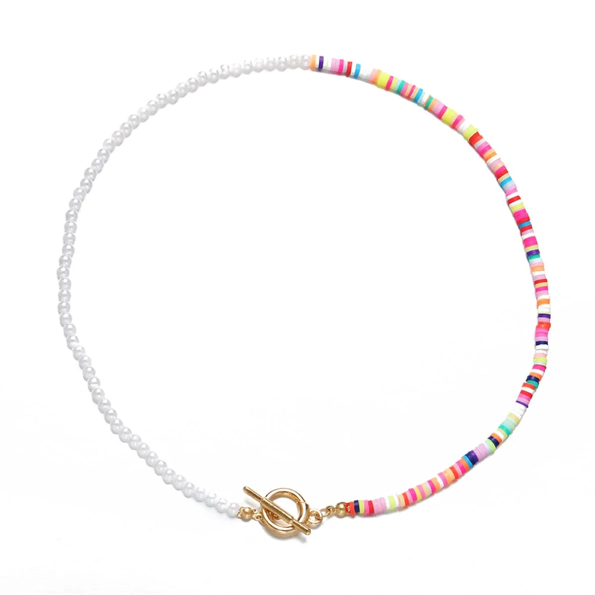 Expertly Made Multicolor Polymer Clay Pearl Beaded Patchwork Toggle Necklace Detailed