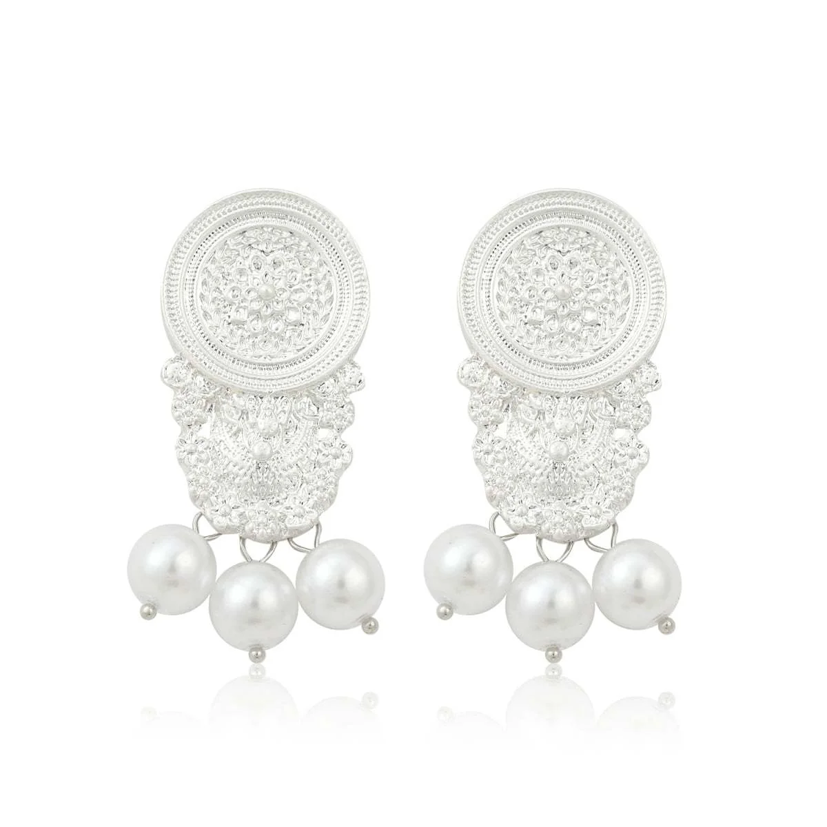 Verified Pearl Silvertone Carved Ornate Drop Earrings Modern