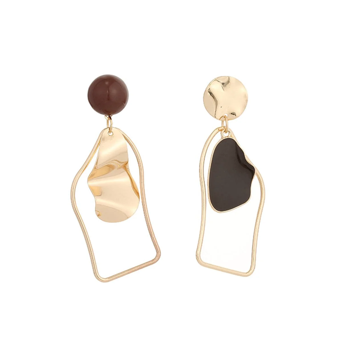 Consistent Black Enamel Goldtone Abstract Mismatched Drop Earrings Lightweight