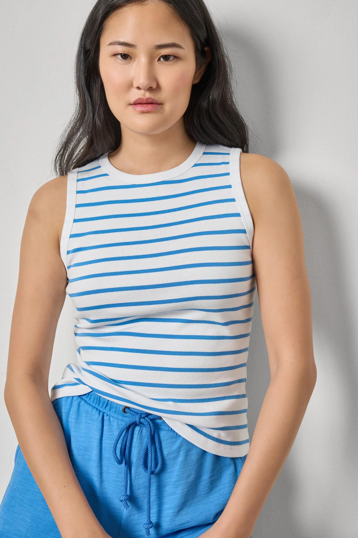 Green Lilla P Rib Stripe High Neck Tank in Regatta Stripe Sophisticated