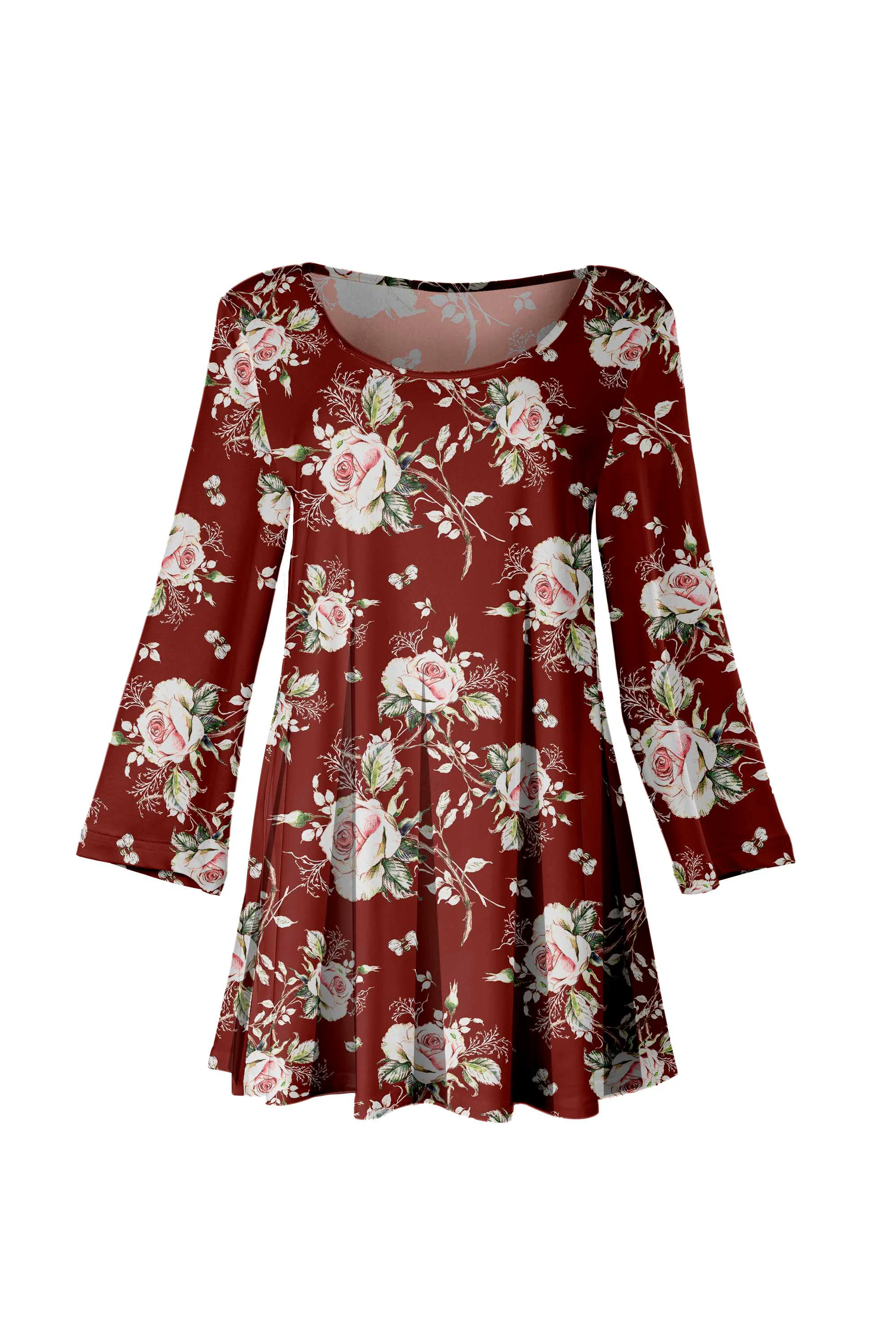 Outstanding Lily by Firmiana Women's Bracelet Length Tunic with Round Neckline Red and White Roses Reusable