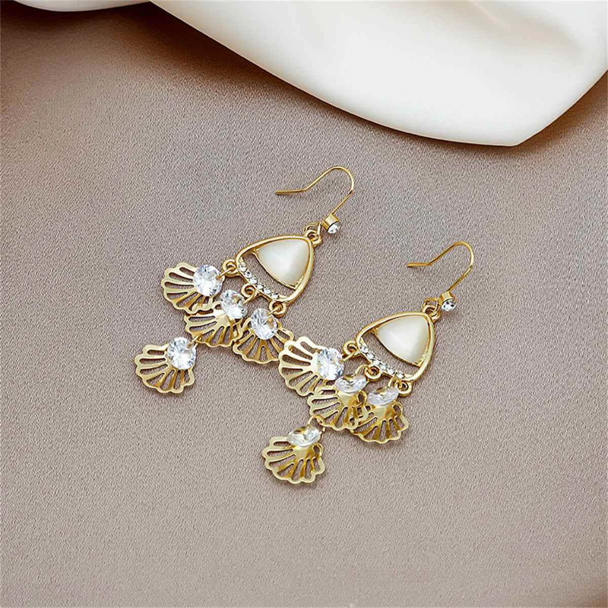 Original Cubic Zirconia Cat's Eye Goldtone Fan Patchwork Drop Earrings Luxury