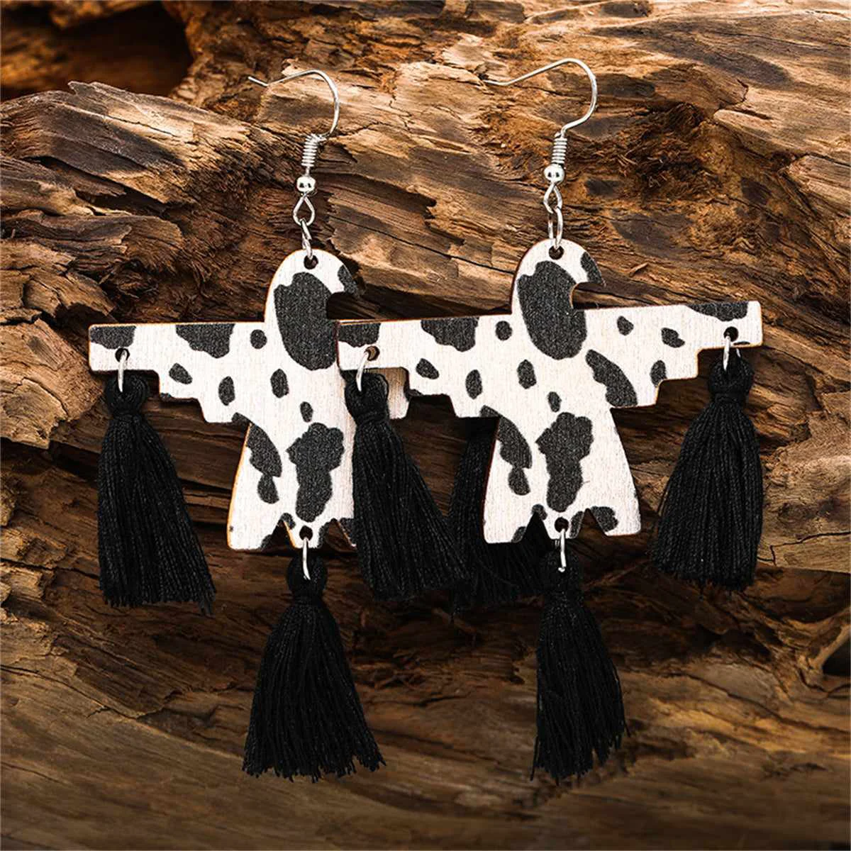Luxury Black Wood Silvertone Cow-Print Scarecrow Drop Earrings Powerful