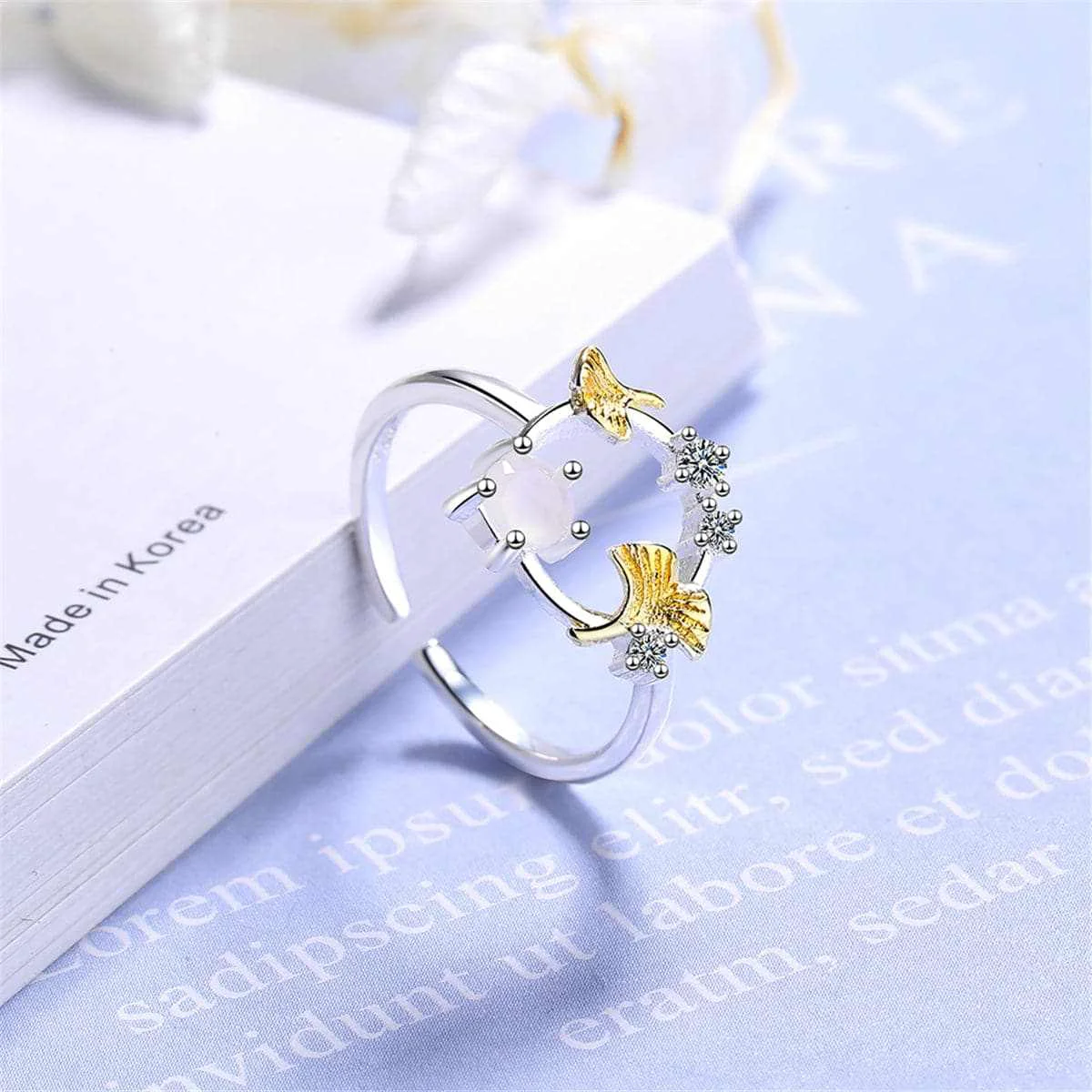 Official Cubic Zirconia Catseye Ginkgo Leaf Open Ring Refined