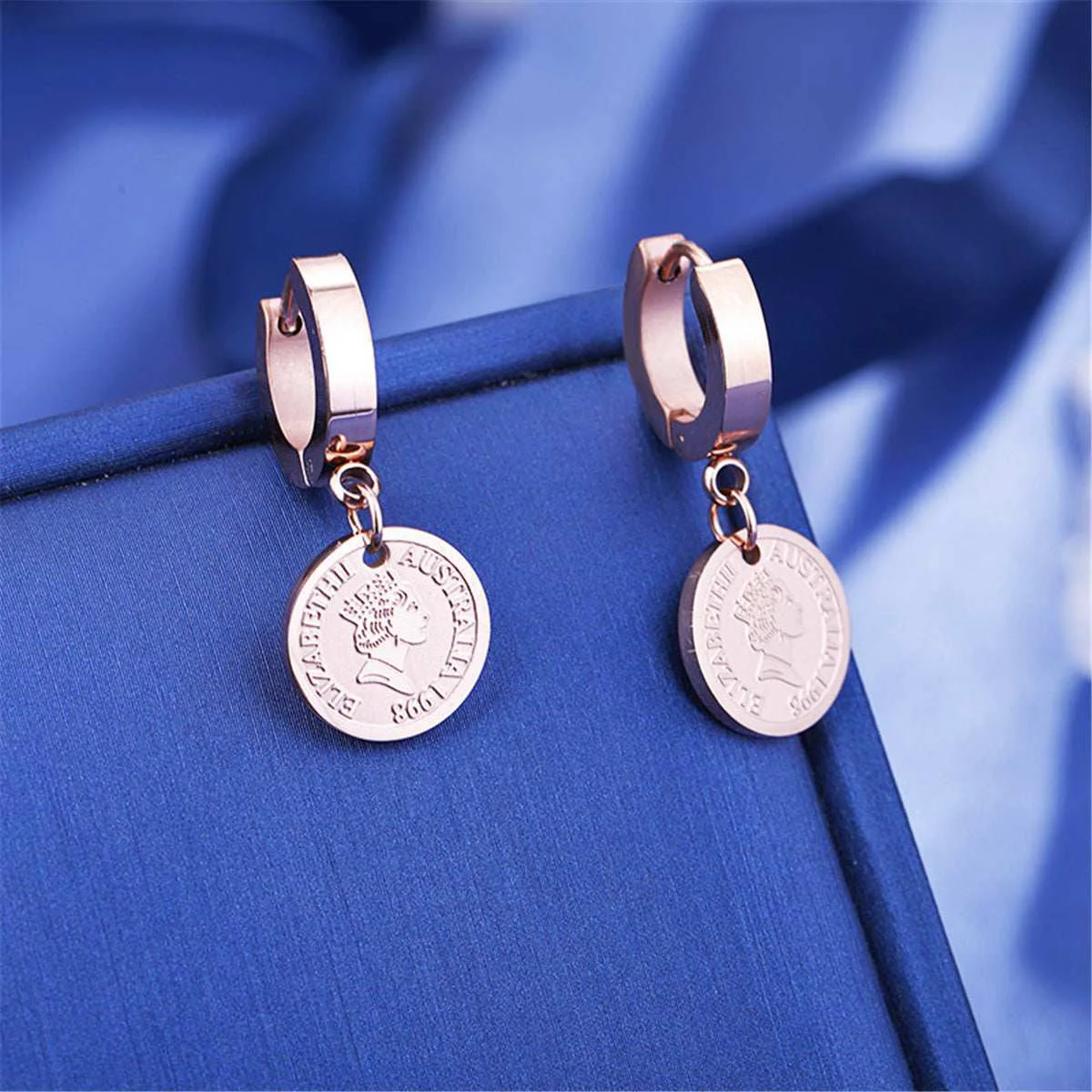 Versatile Rose Goldtone Queen Coin Hoop Earring Classic