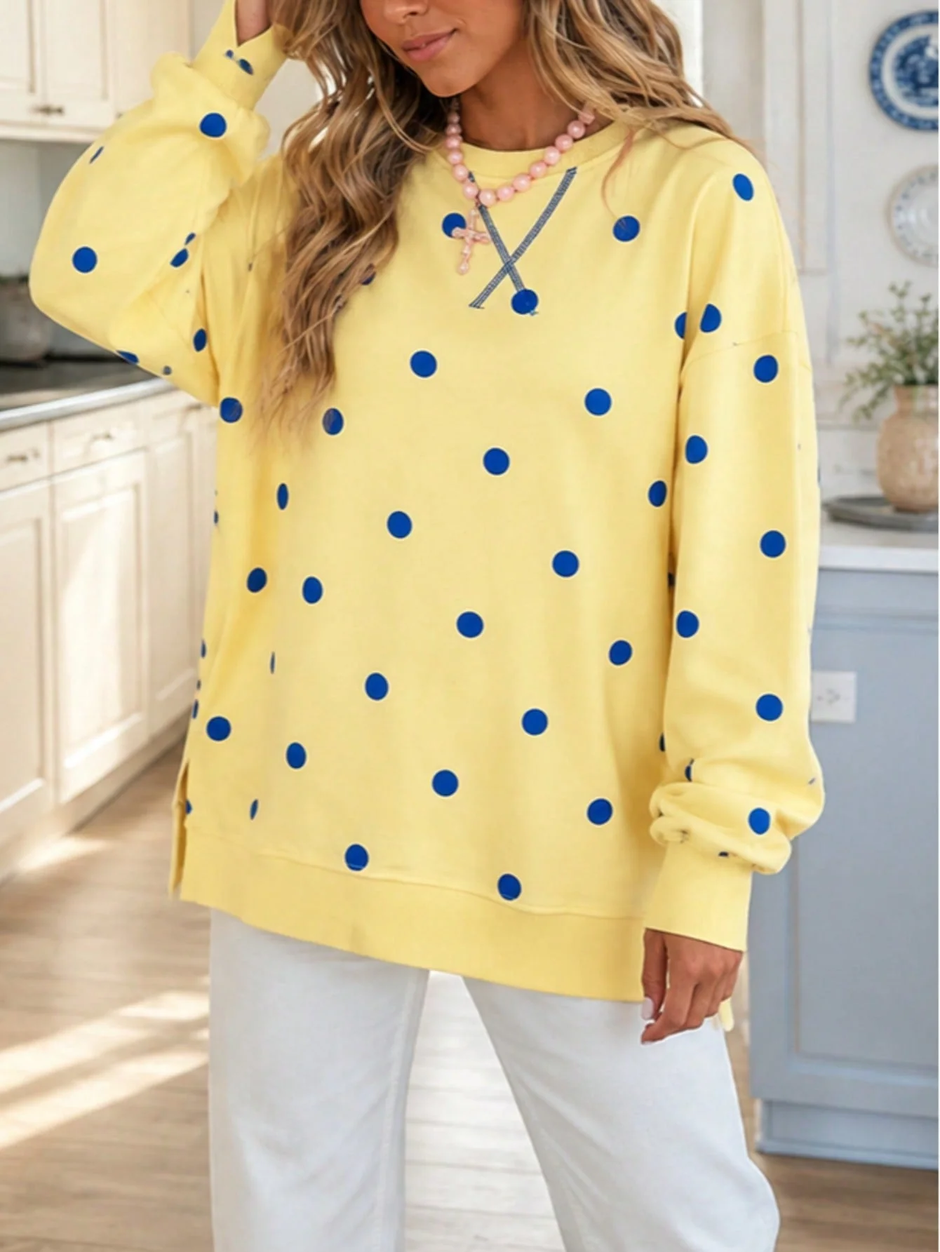 Relaxed Boho Retro 90's Mix Dot Drop Shoulder Oversized Side Slit Dolman Shirt Top Sweatshirt Pullover Eco-Friendly