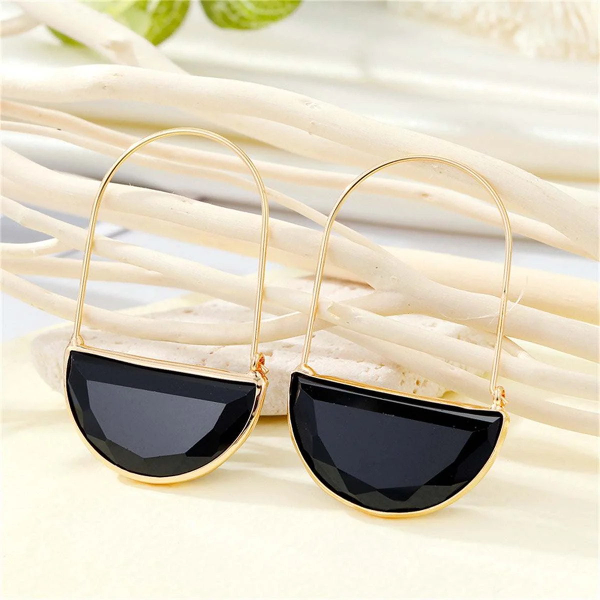 Elegant Black Crystal Goldtone Semi-Circle Huggie Earrings Elite