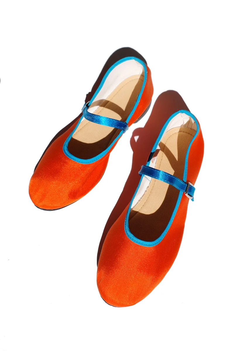 Enhanced mary jane flats - satin orange with turquoise trim Classic