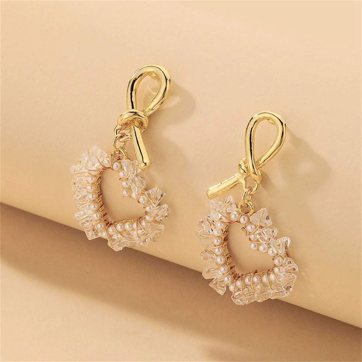 Flexible White Pearl Acrylic Goldtone Heart Drop Earrings Comfortable